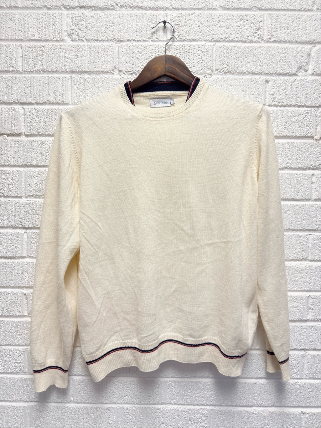 Moncler Cream Crewneck Sweater With Navy And Red Trim Detail